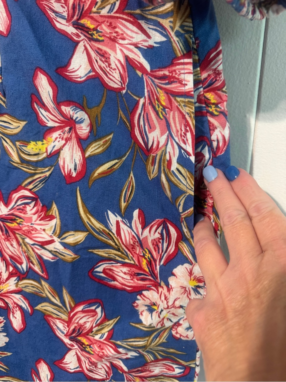 NWT A New Day L Blue Bold Floral Cotton Linen Puff Sleeve Mini Dress Pockets - Picture 4 of 10